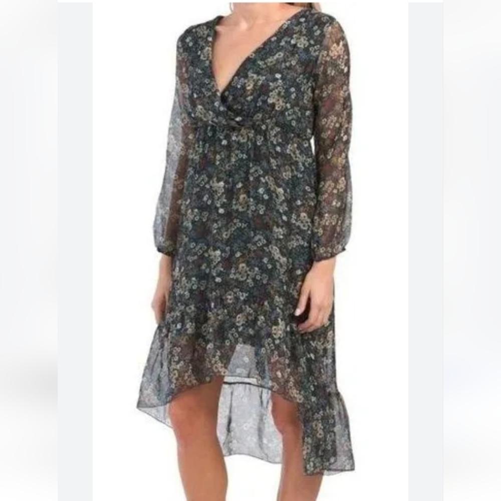 Elena Baldi made in Italy Floral 100% Silk long Sleeves High Low flare dress xs